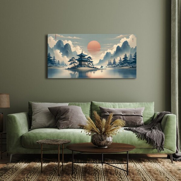 Quadro su tela – Cavaliere vicino a pagoda tra le montagne