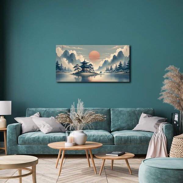 Quadro su tela – Cavaliere vicino a pagoda tra le montagne