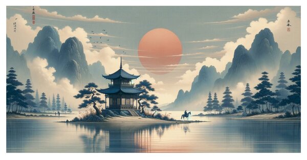 Quadro su tela – Cavaliere vicino a pagoda tra le montagne