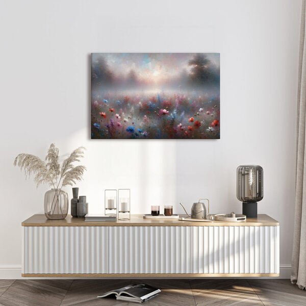 Quadro su tela – Prato nebbioso con fiori