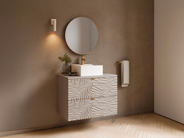 Mobile bagno sospeso testurizzato con lavabo da appoggio quadrato Beige 80 cm - RINAREL