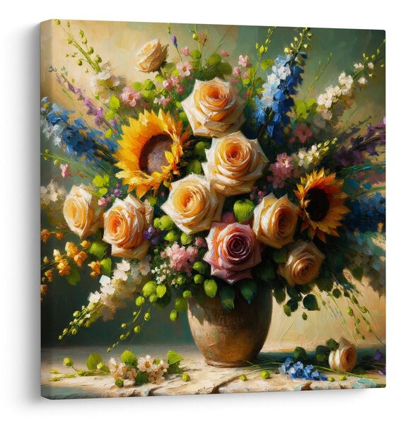Quadro su tela – Bouquet di rose e girasoli