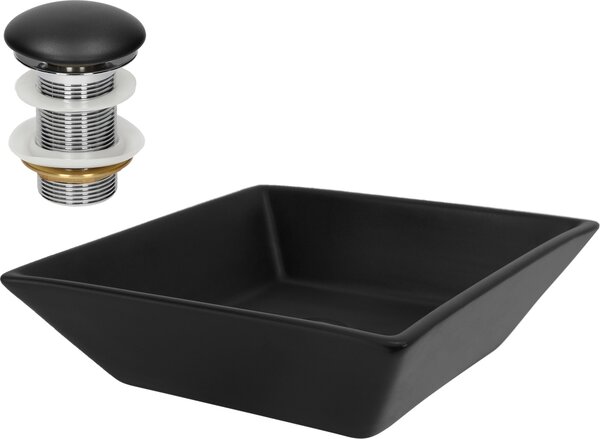 LuxeBath lavabo Lavabo da appoggio quadrato, 41x41x12 cm, nero, Vetroceramica, incl. set di scarico senza troppopieno