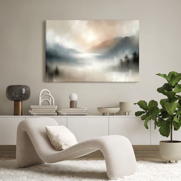 Quadro su tela – Montagne nebbiose e lago