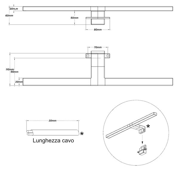 Lampada LED da Specchio 50cm Cromo 8W IP44 Tripla Installazione Colore Bianco Caldo 3.000K