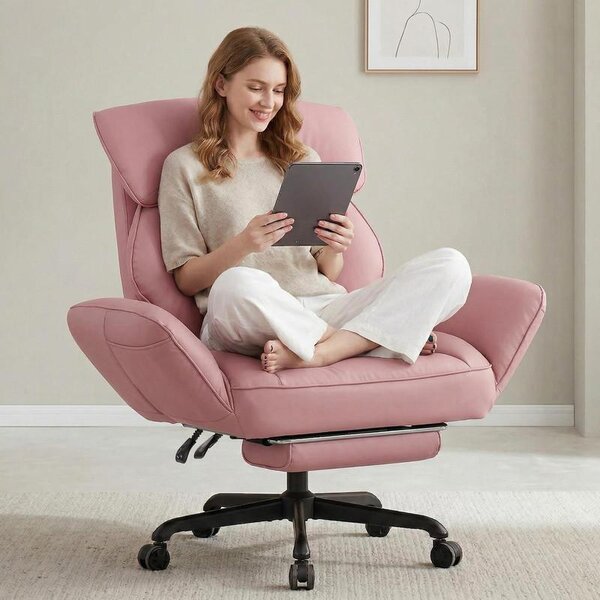 Sedia da ufficio con braccioli regolabili, sedile e schienale imbottiti con molle insacchettate, poggiapiedi e base a cinque razze in metallo. Colore: rosa