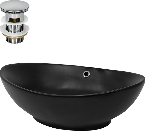 Lavabo LuxeBath Lavabo da appoggio ovale, 59x38x19 cm, nero, in Vetroceramica, incl. set di scarico con troppopieno