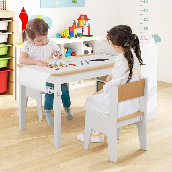 Costway Set tavolo e sedie per bambini con 2 sedie, Set tavolo attività per bambini per stanza giochi Naturale e Bianco