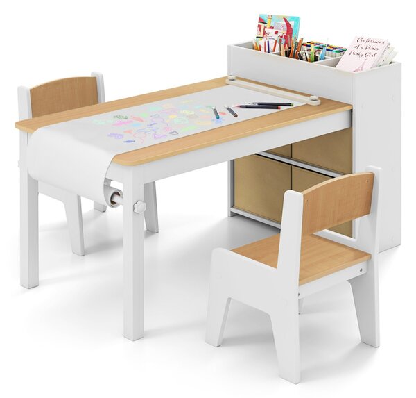 Costway Set tavolo e sedie per bambini con 2 sedie, Set tavolo attività per bambini per stanza giochi Naturale e Bianco