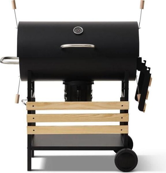 COOKINGBOX Mike Evolution, barbecue a carbone, dimensioni della griglia: 71 x 35 cm, adatto per fino a 12 persone, colore nero, con termometro, protezione antivento, ripiano e cassetto per la cenere