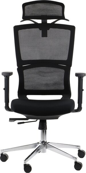 Sedia da ufficio girevole ergonomica TRENT, base cromata, supporto lombare, braccioli regolabili, seduta scorrevole (avanti-indietro), nero