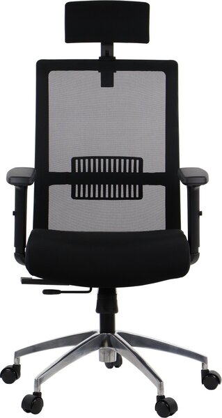 Sedia da ufficio ergonomica girevole RIVERTON M/H/AL, braccioli regolabili, poggiatesta, schienale in rete, sedile scorrevole (avanti-indietro), base in alluminio, nero
