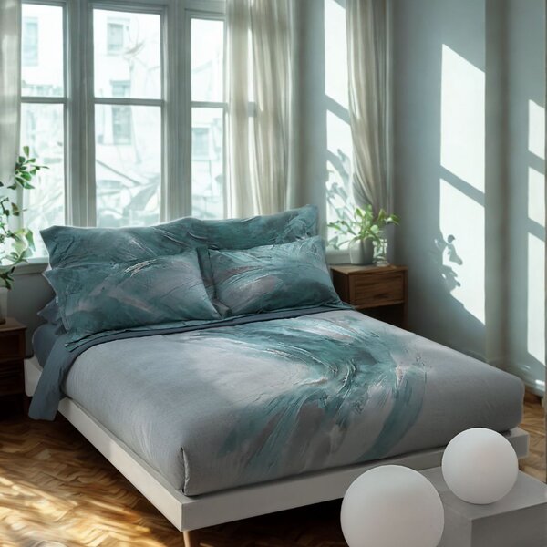 Completo Lenzuola In Percalle Wind Matrimoniale - 250X290 175X205 + 2 Federe 50X80 Carrara Moderno Blu Caleffi