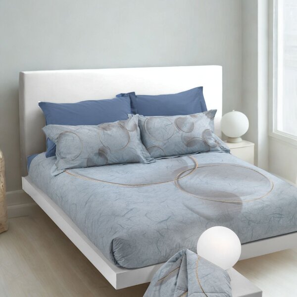 Completo Lenzuola In Percalle Paper Matrimoniale - 250X290 175X205 + 2 Federe 50X80 Carrara Moderno Blu Caleffi