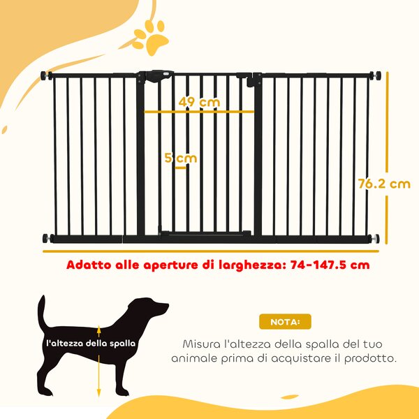PawHut Cancellino per Cani e Animali Domestici 3 Estensioni Larghezza Regolabile Fino 147.5cm Chiusura Automatica, Nero|Aosom