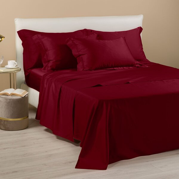 Completo Lenzuola In Raso Di Cotone Raso Matrimoniale Dreaming Tinta Unita Bordeaux Caleffi