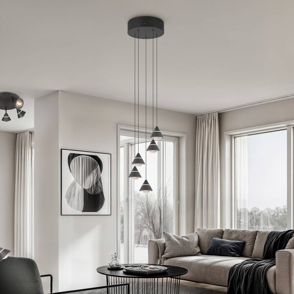 Trio Lighting Lampada LED a sospensione Romeo, Ø 28 cm, nera, metallo, 5 luci. Romeo, Nero, Soggiorno / Sala da pranzo, Metallo, Moderno