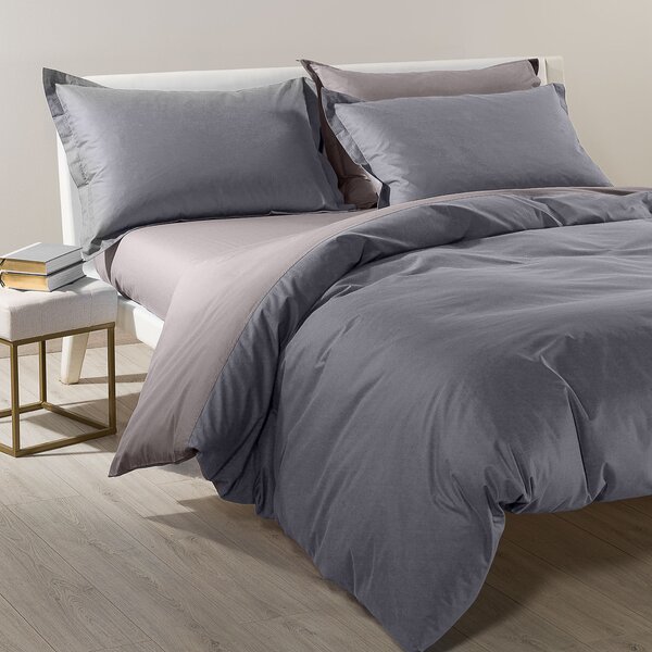 Completo Copripiumino In Cotone Bicolor Singolo Caleffi Tinta Unita Grigio Caleffi