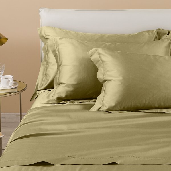Completo Lenzuola In Raso Di Cotone Raso Matrimoniale Dreaming Tinta Unita Green Caleffi