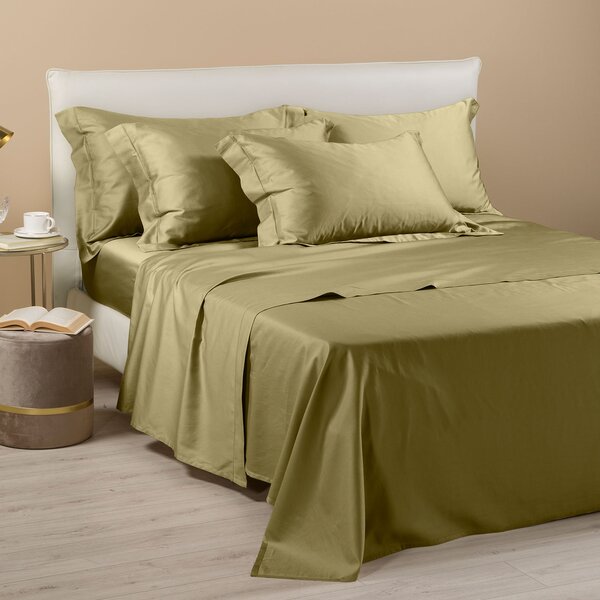 Completo Lenzuola In Raso Di Cotone Raso Matrimoniale Dreaming Tinta Unita Green Caleffi