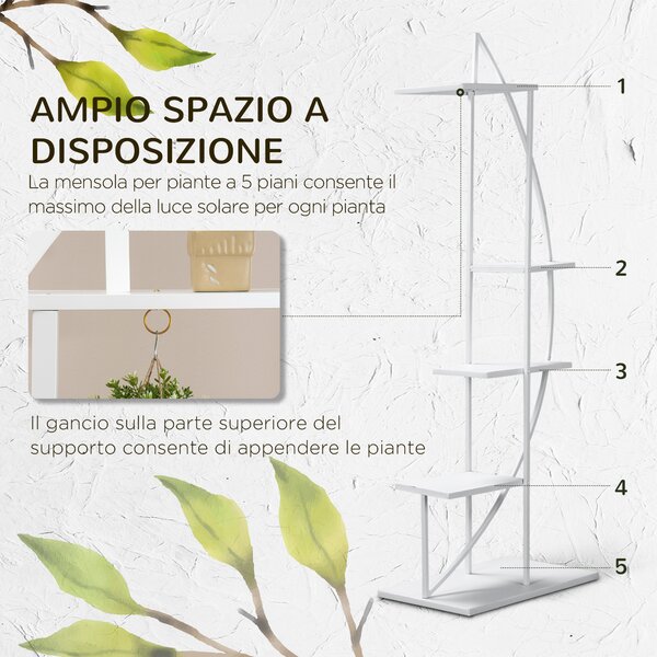 Outsunny Portafiori a 5 Livelli a Mezzaluna per Interni ed Esterni in MDF e Acciaio, 50x30x160 cm, Bianco|Aosom