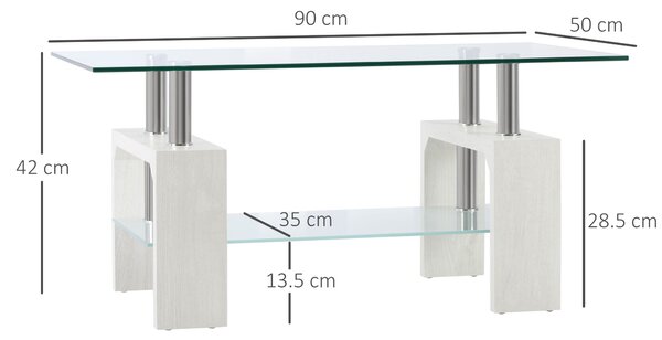 HOMCOM Tavolino da Caffè Moderno a 2 Livelli in Vetro e Legno, 90x50x42cm, Bianco|Aosom