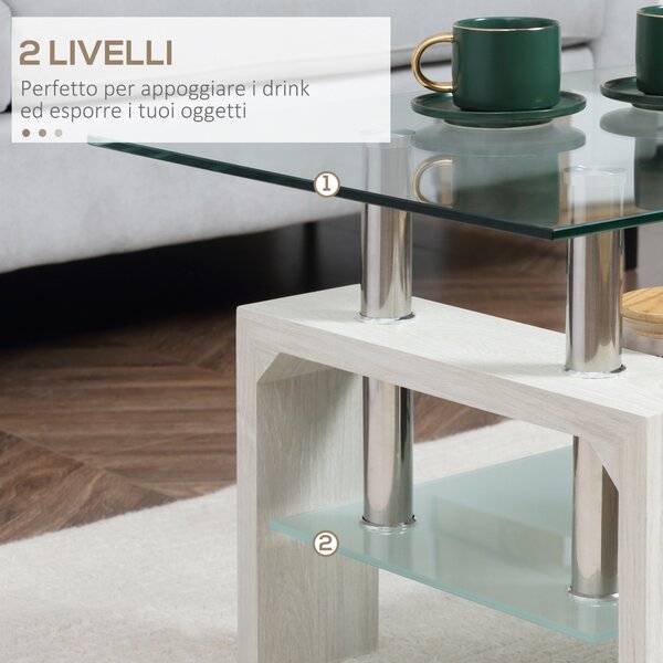 HOMCOM Tavolino da Caffè Moderno a 2 Livelli in Vetro e Legno, 90x50x42cm, Bianco|Aosom