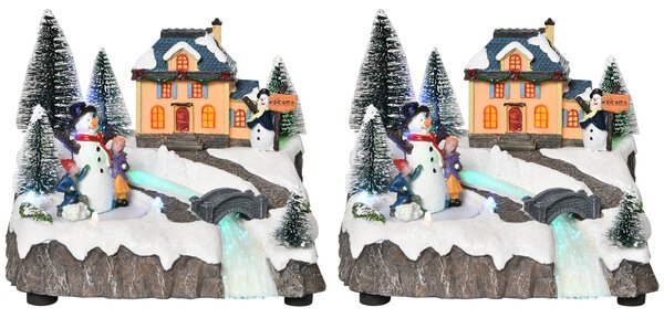 HOMCOM Set con 2 Villaggi di Natale con Luci LED, 8 Musiche e Pattinatori in Movimento, 18.5x16x15cm
