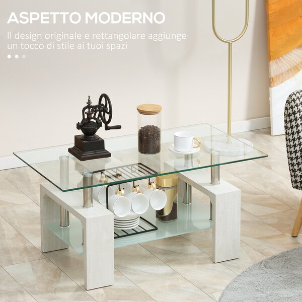 HOMCOM Tavolino da Caffè Moderno a 2 Livelli in Vetro e Legno, 90x50x42cm, Bianco|Aosom