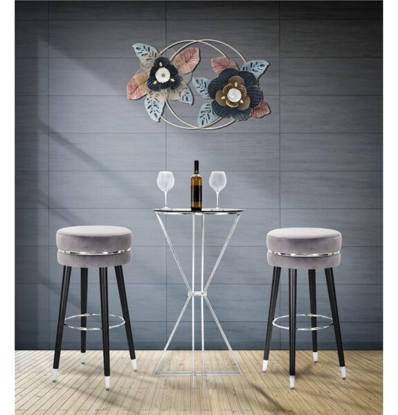 Sgabello bar in legno e velluto Grigio, PARIS, dimensioni 35x35xh 74 cm peso 4,0 kg, tessuto ondulato imbottito colore Grigio, nero e Argento
