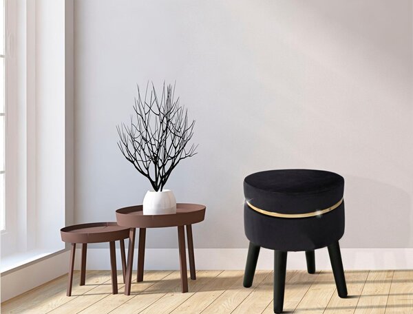 Sgabello in legno e velluto nero con fascia oro, PARIS dimensioni � 35X40,5 cm peso 4,0 kg, tessuto ondulato imbottito crema oro
