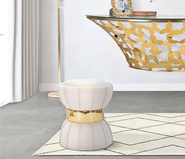 Sgabello rotondo imbottito in velluto sintetico, FLOWER CREM dimensioni � 40x44 cm peso 4,7 kg, forma di clessidra crema