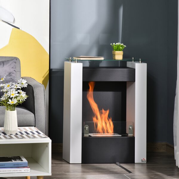 HOMCOM Camino Bioetanolo con Serbatoio da 1.5L e Copertura 20m², Biocamino in Acciaio e Vetro, 60x20x79cm, Bianco e Nero|Aosom