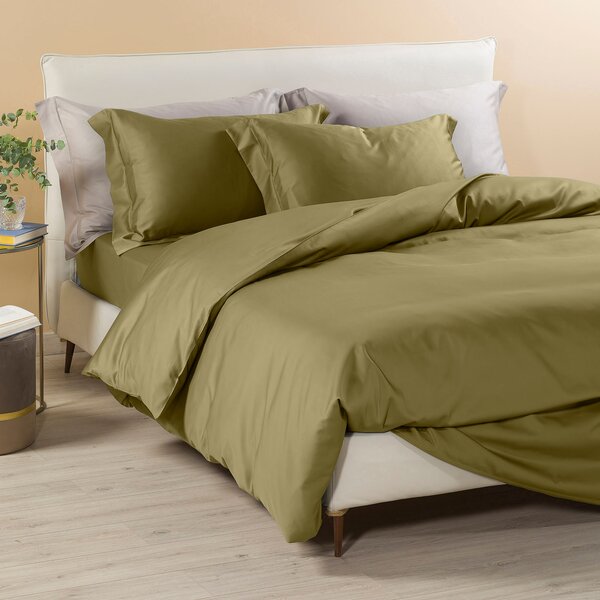 Completo Copripiumino In Raso Di Cotone Raso Matrimoniale Dreaming Tinta Unita Green Caleffi