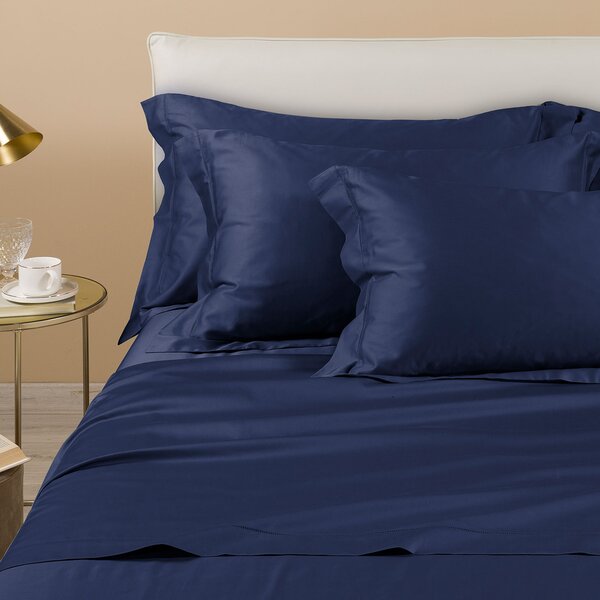 Completo Lenzuola In Raso Di Cotone Raso Matrimoniale Dreaming Tinta Unita Blu Caleffi