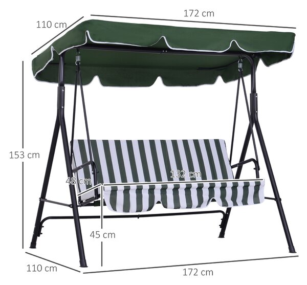 Outsunny Dondolo da Giardino a 3 Posti con Tettuccio Inclinabile e Cuscini, 172x110x153 cm, Verde