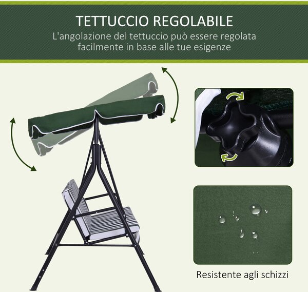 Outsunny Dondolo da Giardino a 3 Posti con Tettuccio Inclinabile e Cuscini, 172x110x153 cm, Verde