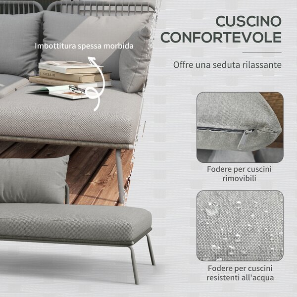 Outsunny Set da Giardino in Rattan PE Stile Boho, Divano 2 Posti con Chaise Longue e Tavolino, Grigio Chiaro