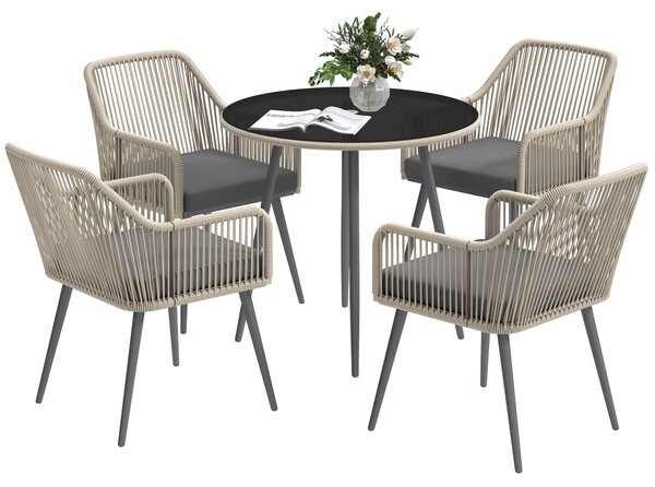 Outsunny Set da Giardino 5 Pezzi in Rattan e Acciaio con 4 Sedie da Esterno e Tavolo Rotondo con Foro, Marrone e Grigio