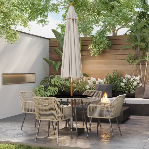 Outsunny Set da Giardino 5 Pezzi in Rattan e Acciaio con 4 Sedie da Esterno e Tavolo Rotondo con Foro, Marrone e Grigio