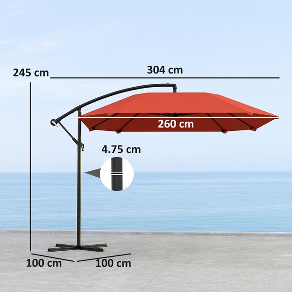 Outsunny Ombrellone a Sbalzo con Copertura Regolabile e Base a Croce, in Metallo e Poliestere, 260x304x245 cm, Bordeaux