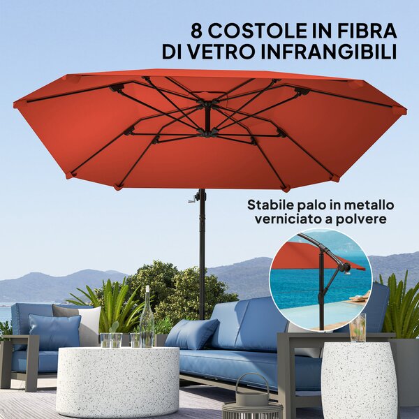 Outsunny Ombrellone a Sbalzo con Copertura Regolabile e Base a Croce, in Metallo e Poliestere, 260x304x245 cm, Bordeaux