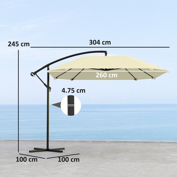 Outsunny Ombrellone a Sbalzo con Copertura Regolabile e Base a Croce, in Metallo e Poliestere, 260x304x245 cm, Crema
