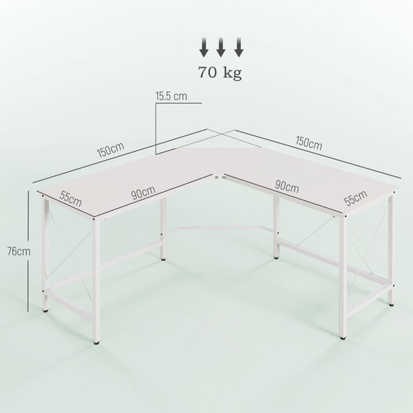 HOMCOM Scrivania Angolare a L con Piedini Regolabili, in Legno e Acciaio, 150x150x76 cm, Bianca