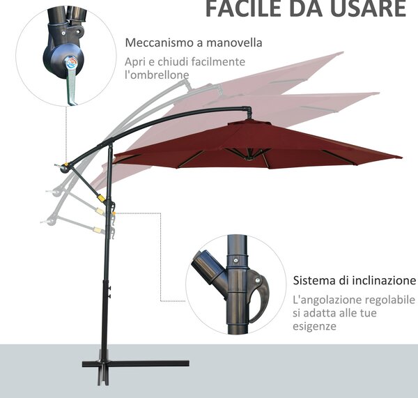 Outsunny Ombrellone da Esterni Rosso Scuro, Struttura Acciaio, Poliestere Impermeabile Anti-UV, Φ300x250cm, Comfort e Durabilità|Aosom