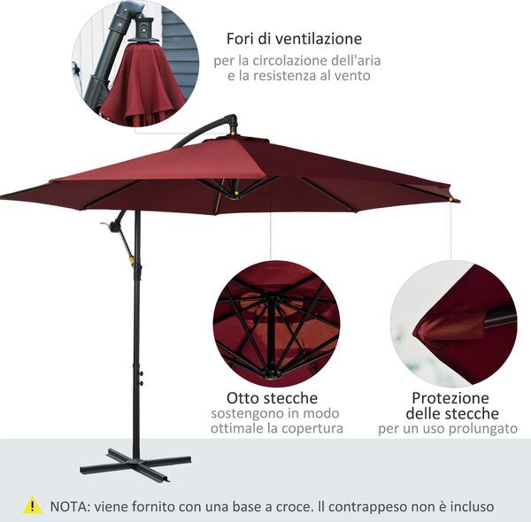 Outsunny Ombrellone da Esterni Rosso Scuro, Struttura Acciaio, Poliestere Impermeabile Anti-UV, Φ300x250cm, Comfort e Durabilità|Aosom