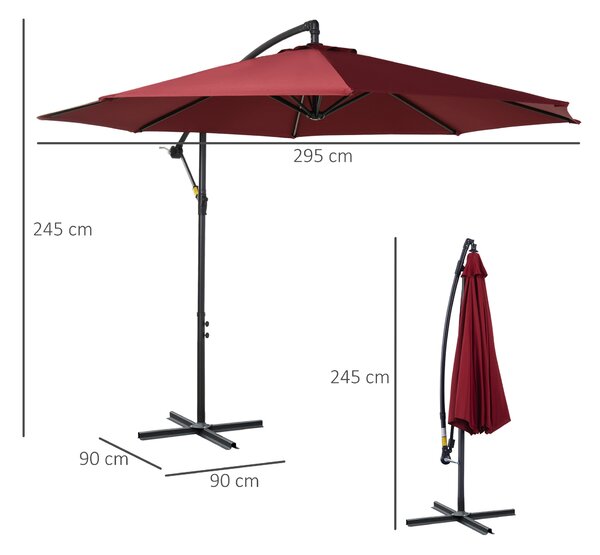 Outsunny Ombrellone da Esterni Rosso Scuro, Struttura Acciaio, Poliestere Impermeabile Anti-UV, Φ300x250cm, Comfort e Durabilità|Aosom