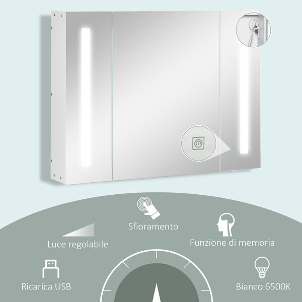 Kleankin Armadietto Specchiera da Bagno con 3 Armadietti, 3 Ripiani e Luce LED, 90x15x65 cm, Bianco|Aosom