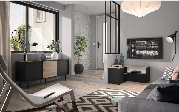 Tavolo TV in rovere decorato in nero e naturale 90x45 cm Angle - TemaHome