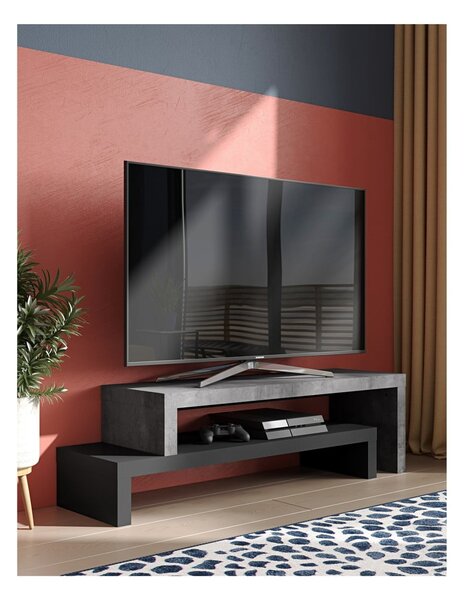 Tavolo TV doppio nero con decoro in cemento , 125 x 40 cm Cliff - TemaHome